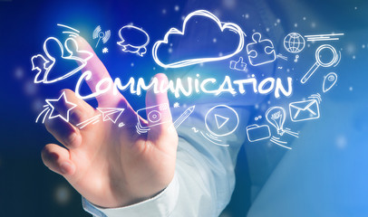 Concept of finger pointing Communication icon on futuristic inte