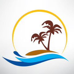 wave, sun and palm symbol, travel and summer time icon concept