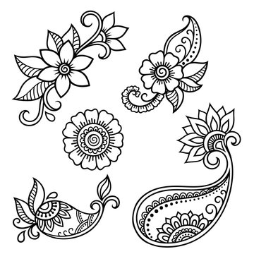 Henna tattoo flower template. Mehndi style. Set of ornamental patterns in the oriental style.
