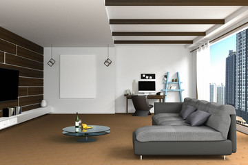 3D Rendering : illustration of Living room interior design with dark sofa.blank picture frames.shelves and white walls.work space at background.view of city building outside the room