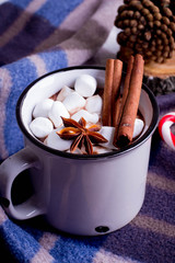 Hot cocoa with marshmallows with spices on the cozy blanket. Coffee, cocoa, chocolate, cinnamon, candy cane, cone, star anise, Winter Concept, Christmas mood, Cozy Time