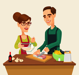 Couple man and woman characters preparing food together. Vector flat cartoon illustration