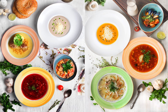 different soups, cream, soup, chicken, halophyte, Tom Yam, a two-page spread of the restaurant menu top view,