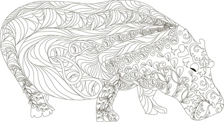 Hand drawn zentangle hippo, black and white anti stress vector illustration