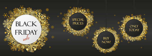 Black friday offers, black friday banner with golden snowflakes on dark background