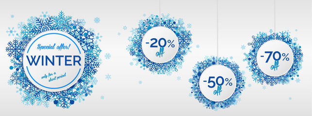Winter sales with snowflakes on white background