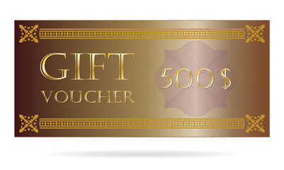 Gift voucher template with golden border. Design elements for gift coupon, invitation, certificate, diploma, ticket. Vector illustration.