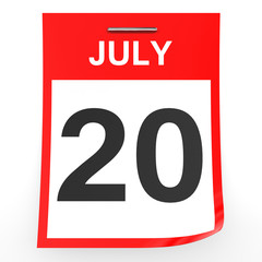 July 20. Calendar on white background.