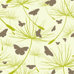 Butterflies seamless pattern. Background with butterflies and dandelion seeds. Vector illustration.
