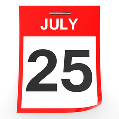 July 25. Calendar on white background.