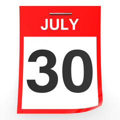 July 30. Calendar on white background.