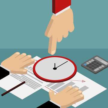 Time management, business planning. Hand pointing at his watch in the workplace. Vector isometric