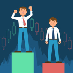 Happy stock broker trader and frustrated upset stock trader standing on stock market graph diagram information on background blue computer screen. Vector illustration success stock market flat design