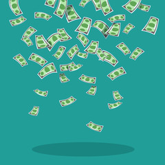 Vector illustration of falling money banknotes dollars blue background. Design concept money rain flat style. Abundance, luck and success