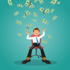 Vector illustration of happy businessman celebrates success sitting in an office chair under money rain banknotes falling on blue background. Concept of success, achievement, wealth flat style