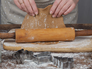 Woman's hands preparing dough for gingerbread cookie