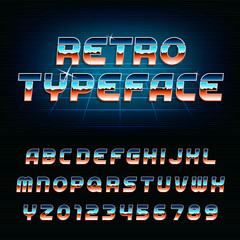 80's retro alphabet font. Chrome effect shiny oblique letters and numbers. Vector typeface for your design.