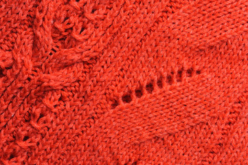 Closeup of knitted ornament on woolen texture