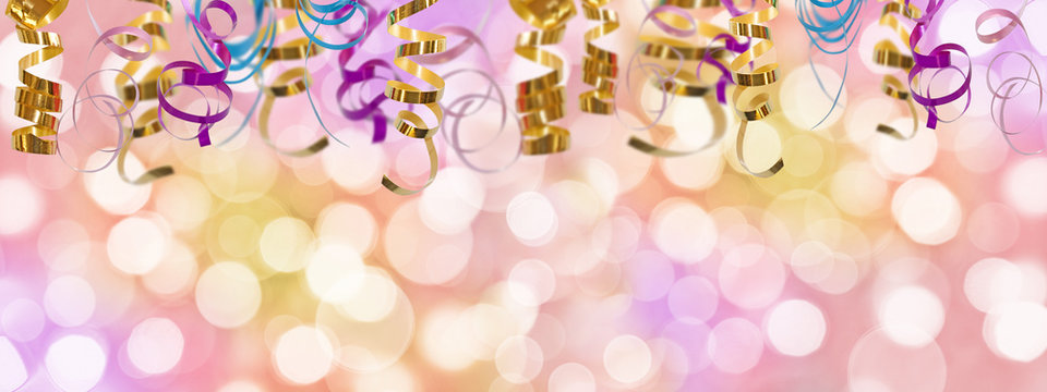 Holiday colorful panoramic background with ribbon and  blurred bokeh lights