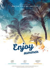 Summer party poster or flyer design template with palm trees silhouettes. Modern style - obrazy, fototapety, plakaty