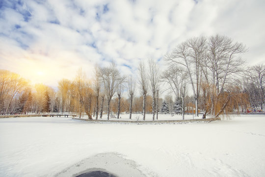 Winter scenery of frozen lake in city park.