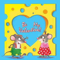 Two cute mice, and a huge piece of cheese with a heart-shaped hole. Valentine's day. Greeting card