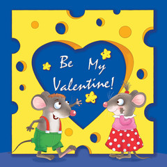 Two cute mice, and a huge piece of cheese with a heart-shaped hole. Valentine's day. Greeting card