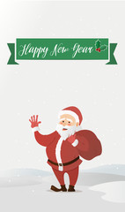 Santa Claus waving. Has brought the bag with gifts. Vector illustration of a flat style. Bright New Year and Christmas characters
