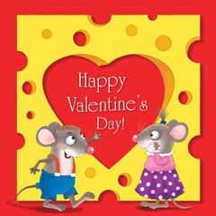 Two cute mice, and a huge piece of cheese with a heart-shaped hole. Valentine's day. Greeting card