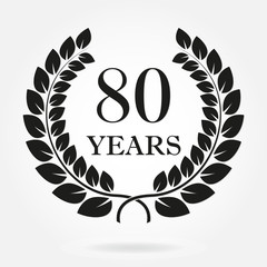 80 years anniversary laurel wreath sign or emblem. Template for celebration and congratulation design. Vector 80th anniversary label isolated on white background.