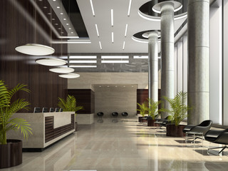 Interior of a hotel reception 3D illustration - obrazy, fototapety, plakaty