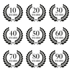 Anniversary laurel wreath icon set isolated on white background. 10, 20, 30, 40, 50, 60, 70, 80, 90 years. Template for award and congratulation design. Vector illustration.