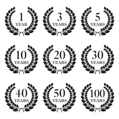 Anniversary laurel wreath icon set isolated on white background. 1, 3, 5, 10, 20, 30, 40, 50, 100 years. Template for award and congratulation design. Vector illustration.