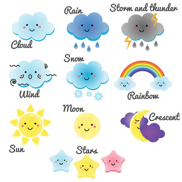 Cute weather and sky elements. Kawaii moon, sun, rain and clouds vector illustration for kids, isolated design elements for children
