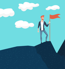 Businessman in mountains. Leader on the top. Vector illustration in cartoon style. Conception of success