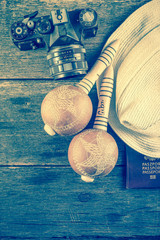 Hat, old camera and passport,travel concept
