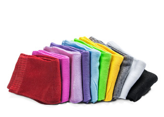 colorful socks isolated on white background. Different colors of socks are red, green, yellow, blue, etc.