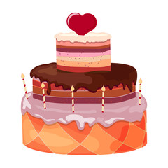 Stock Vector Cartoon festive sweet cake with candles and red hea
