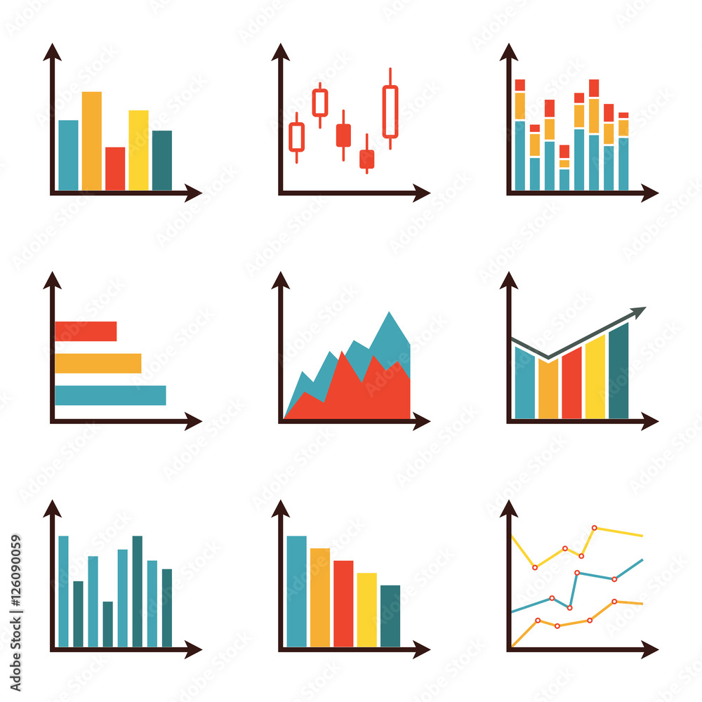 Poster graphs and data icon set. charts for infographics design. colorful vector illustration in flat style