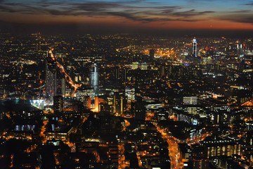 City Lights.  An aerial view over London, UK at sunset. 