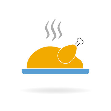 Cooked turkey icon. Roasted chicken ready for Thanksgiving. Colorful vector illustration in flat style.