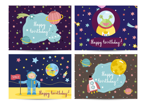 Happy birthday cartoon greeting card on space theme. Astronaut on moon, funny alien, rocket and flying saucer among stars and planets vectors set. Bright invitation on childrens costumed party