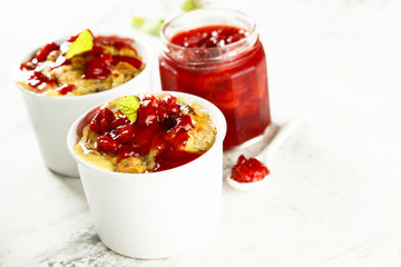 Bread pudding with strawberry jam
