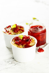 Bread pudding with strawberry jam