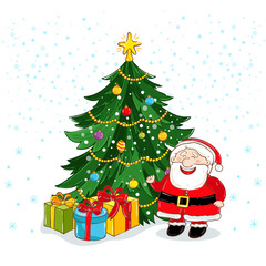 Merry Christmas greeting card with Santa Claus and decorated christmas tree vector illustration. Santa with giftbox and message - Merry Xmas. Light decoration. Happy New Year. Snowflakes background