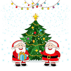Merry Christmas greeting card with Santa Claus and decorated christmas tree vector illustration. Santa with giftbox and message - Merry Xmas. Light decoration. Happy New Year. Snowflakes background