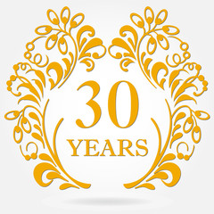 30 years anniversary icon in ornate frame with floral elements. Template for celebration and congratulation design. 30th anniversary golden label. Vector illustration.