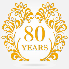 Obraz premium 80 years anniversary icon in ornate frame with floral elements. Template for celebration and congratulation design. 80th anniversary golden label. Vector illustration.
