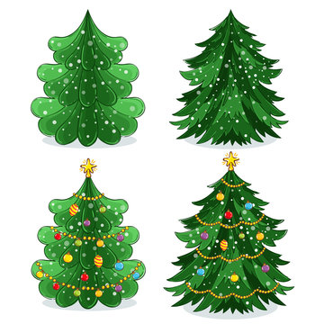 Green Christmas tree with light decoration, garland and toys vector illustration in cartoon style. Merry Christmas and Happy New Year collection isolated on white background.