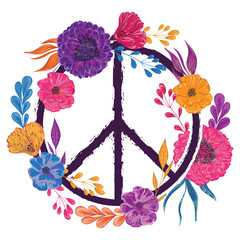 Hippie peace symbol with flowers, leaves and buds. Collection decorative floral design elements. Isolated elements. Vintage hand drawn vector illustration in watercolor style.